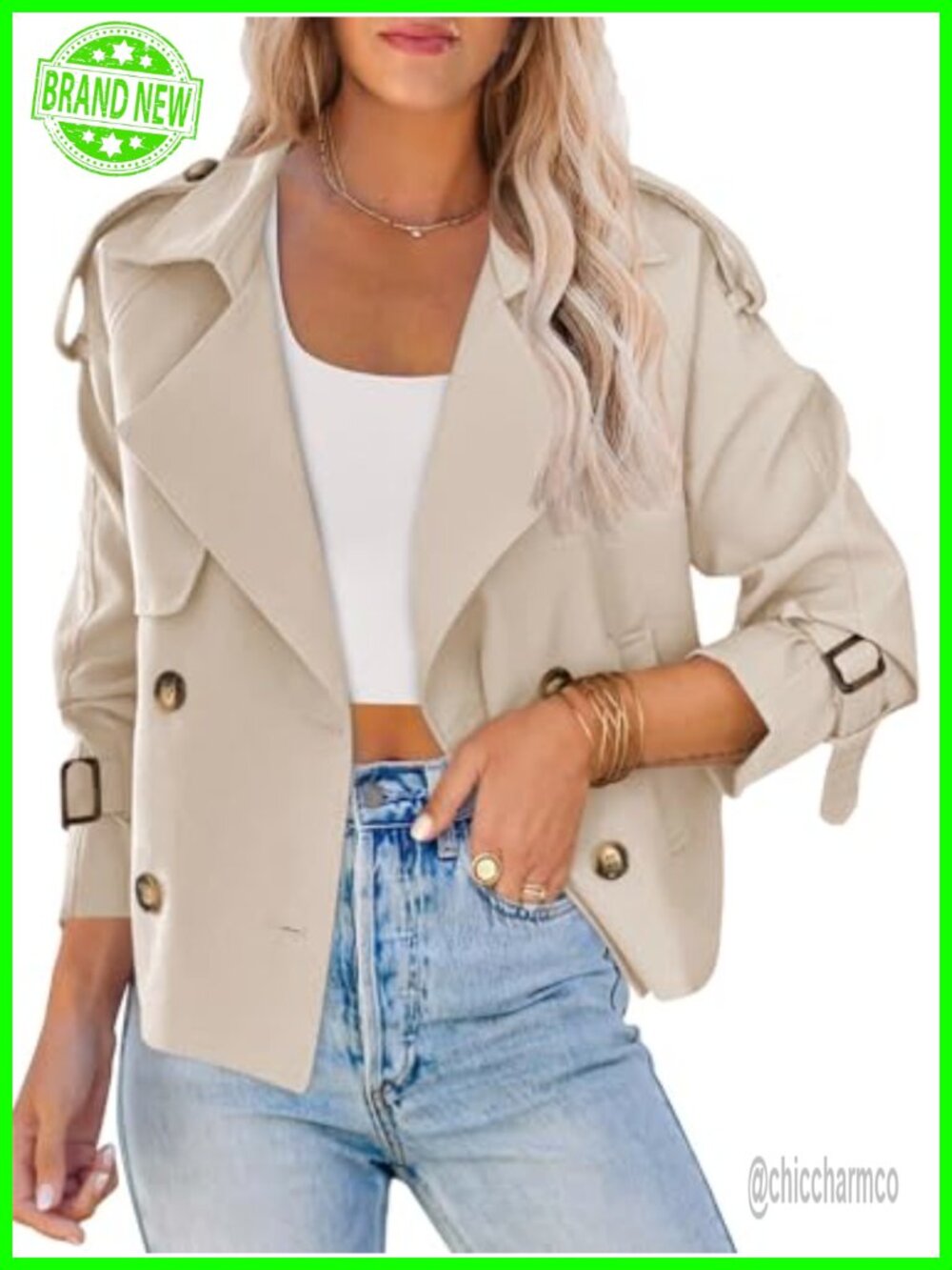 Double Breasted Trench Coat Crop Short Jacket Button Lapel Pockets
